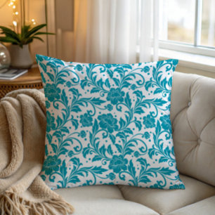 Coussin Motif damassé floral turquoise et blanc