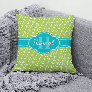 Coussin Motif d'Ancre blanc vert Turquoise Monogramme