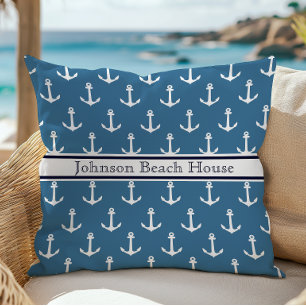 Coussin Motif d'ancre bleu et blanc nautical Nom