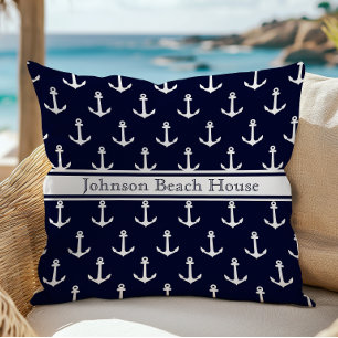 Coussin Motif d'ancre bleu et blanc nautique Nom