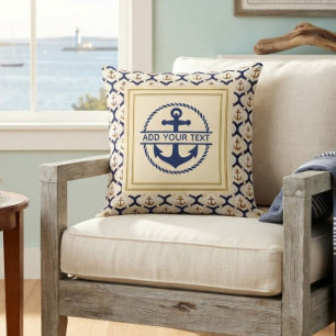 Coussin Motif d'ancre bleu marine personnalisé avec monogr