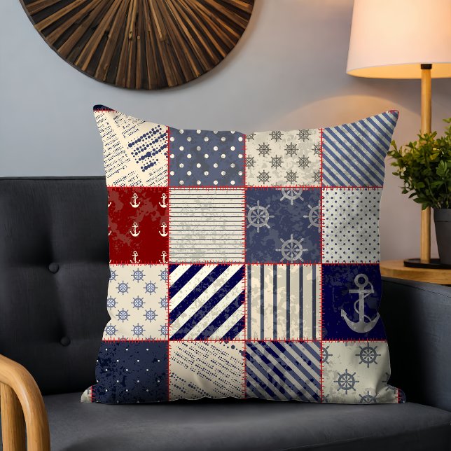 Coussin Motif d'Ancre de la bande de patchwork nautique ru (Créateur téléchargé)