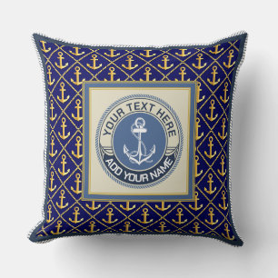 Coussin Motif d'ancre nautique et blanc bleu monogramme