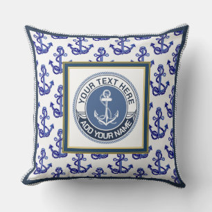 Coussin Motif d'ancre nautique et blanc bleu Monogramme
