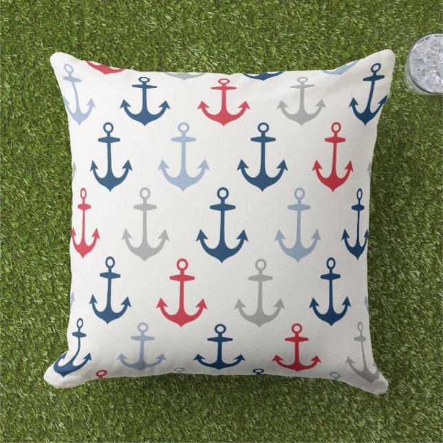 Coussin Motif d'Ancres de la marine nautique rouge blanc e (Herbe)
