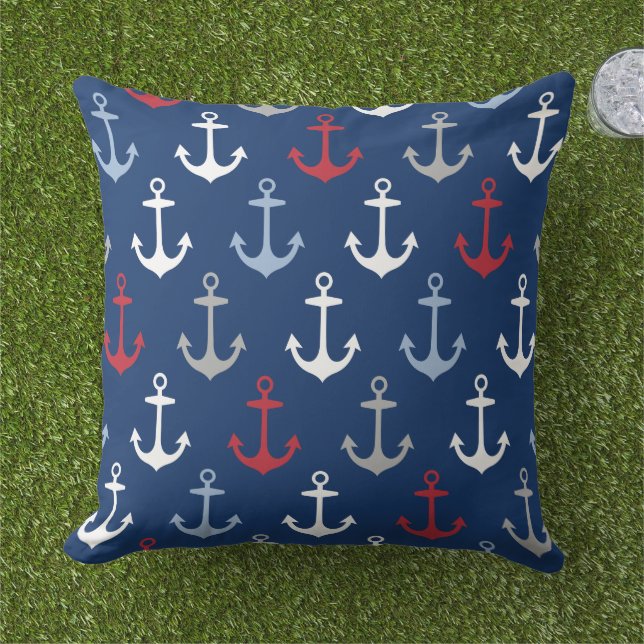 Coussin Motif d'Ancres de la marine nautique rouge blanc e (Herbe)
