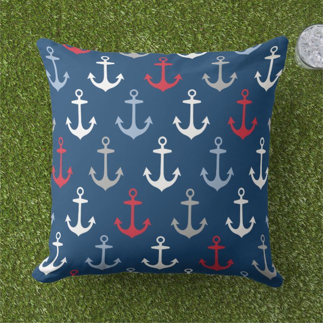 Coussin Motif d'Ancres de la marine nautique rouge blanc e (Herbe)