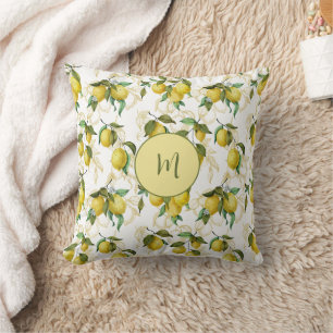 Coussin Motif d'aquarelle au citron avec monogramme initia