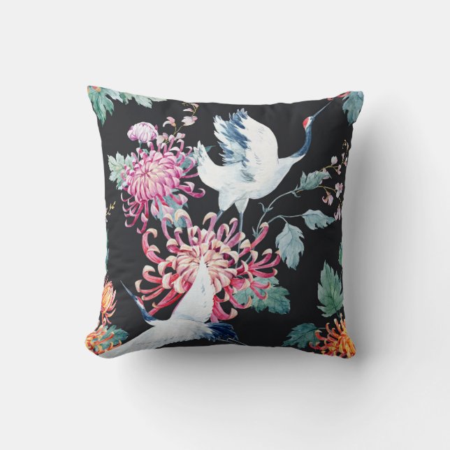 Coussin Motif d'aquarelle de la grue rouge Chrysanthemum (Recto)