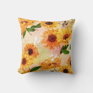 Coussin Motif d'aquarelle de tournesols jaunes dessinés à