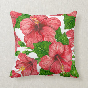 Coussin Motif d'aquarelle d'hibiscus rouge