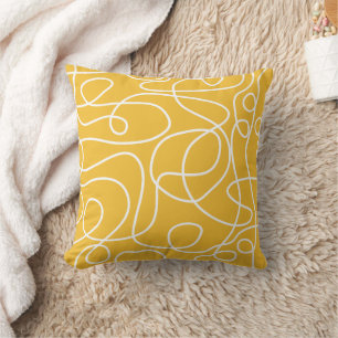 Coussin Motif d'art Doodline Blanc sur moutarde jaune