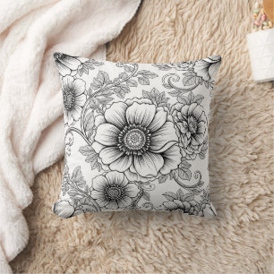 Coussin Motif d'art en ligne floral noir et blanc élégant