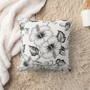 Coussin Motif d'art en ligne floral noir et blanc élégant