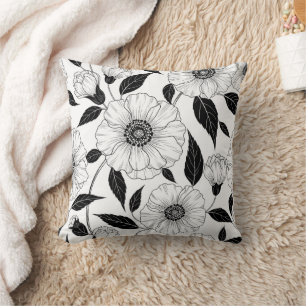 Coussin Motif d'art en ligne floral noir et blanc élégant