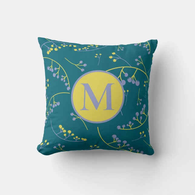 Coussin Motif de baies jaune lilas élégant monogramme (Recto)
