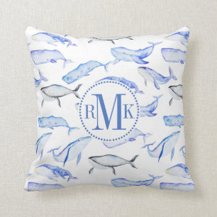 Coussin Motif de baleine bleue d'aquarelle