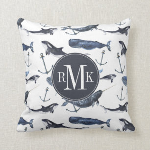 Coussin Motif de baleine et d'Ancre d'aquarelle