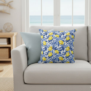 Coussin Motif de citron à l'aquarelle bleue 