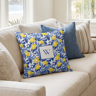 Coussin Motif de citron en aquarelle bleue monogramme