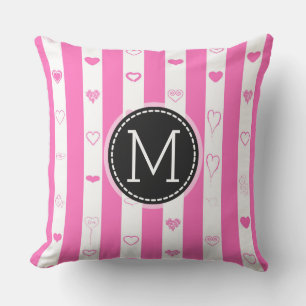 Coussin Motif de cœur moderne à rayures roses monogramme