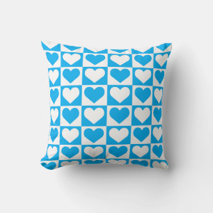 Coussin Motif de coeurs à damier - Bleu ciel et blanc 