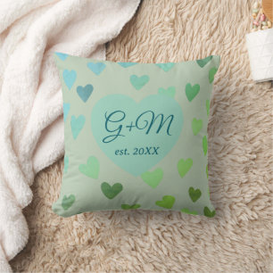 Coussin Motif de cœurs bohème rétro vert sauge bleu monogr