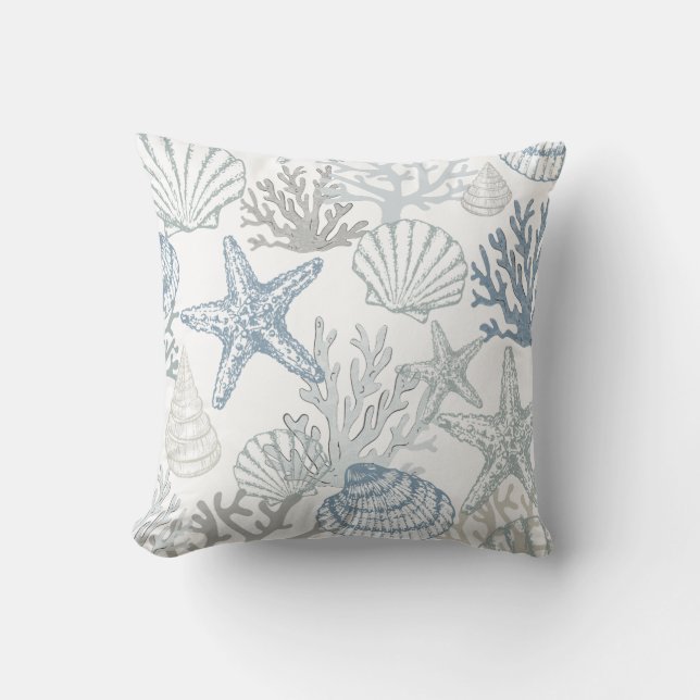 Coussin Motif de coquillages de poisson de mer bleu et gri (Recto)