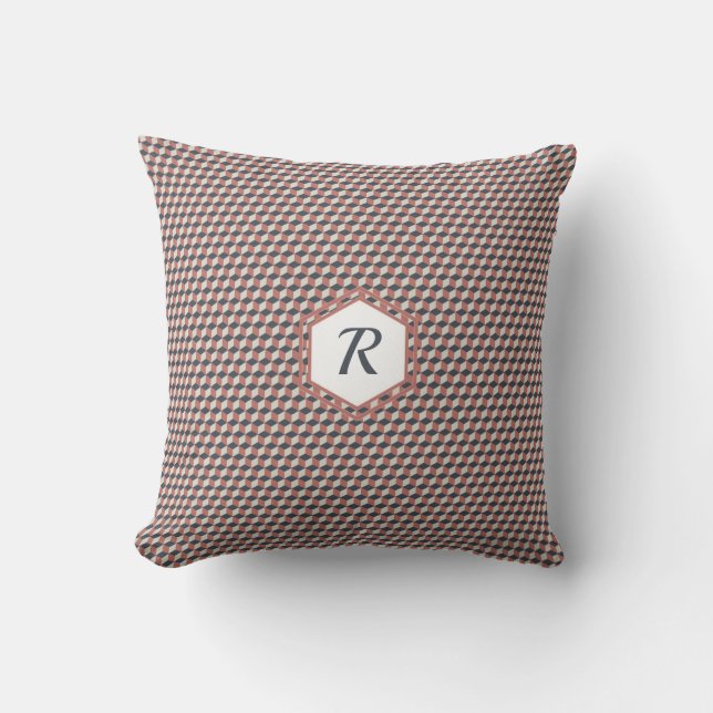 Coussin Motif de cube géométrique en Corail, Bleu & Crème (Recto)