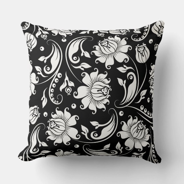 Coussin Motif de Damas florales noir et blanc (Recto)