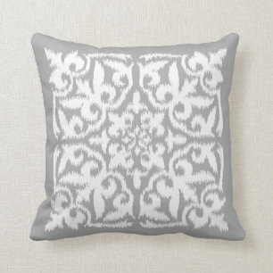 Coussin Motif de damassé d'Ikat - gris argenté et blanc