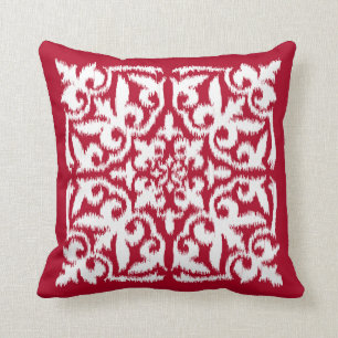 Coussin Motif de damassé d'Ikat - rouge foncé et blanc