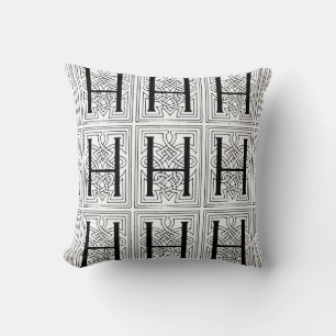 Coussin Motif de défilement noir et blanc initial Monogram