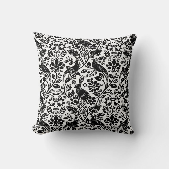Coussin Motif de faisan et lièvre, blanc et noir (Recto)