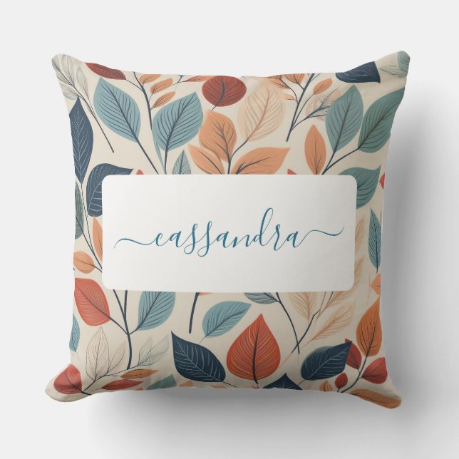Coussin Motif de feuille dynamique avec nom (Recto)