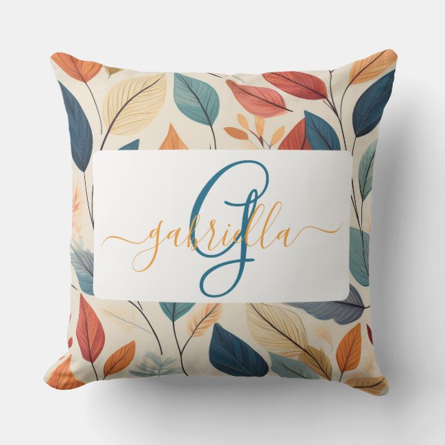 Coussin Motif de feuille dynamique avec nom et monogramme (Recto)