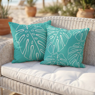Coussin Motif de feuille tropicale blanche sur bleu-vert m