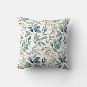 Coussin Motif de feuille verte et jaune à l'aquarelle fraî
