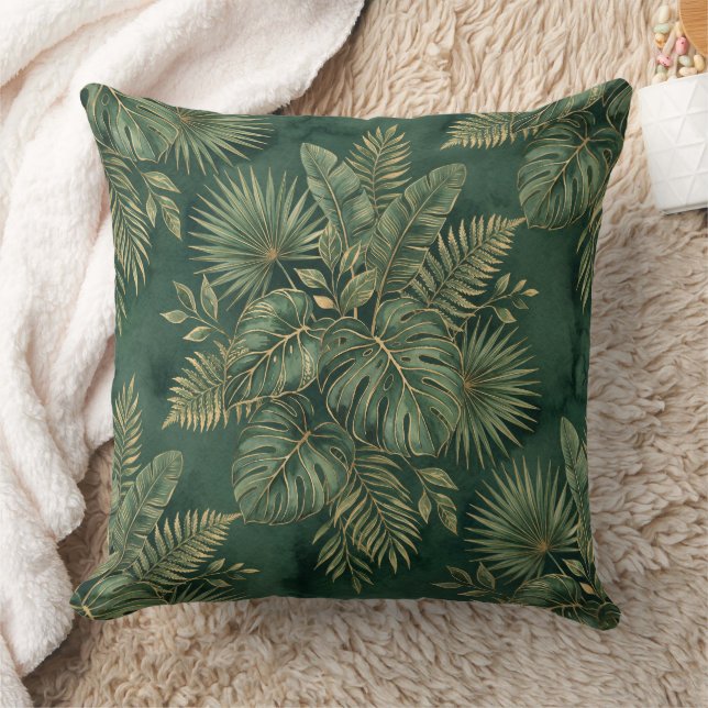 Coussin Motif de feuilles tropicales en or vert de luxe (Couverture)