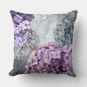 Coussin Motif de fleur floral vintage d'hortensia de gris