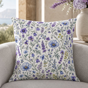Coussin Motif de fleur sauvage aquarelle bleu violet
