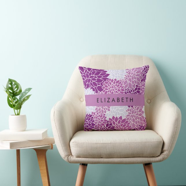 Coussin Motif De Fleurs, Dahlia Violet, Votre Nom (Chaise)