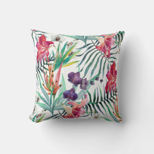 Coussin Motif de fleurs et de feuillage tropicaux lumineux