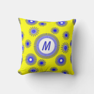 Coussin Motif de fleurs numériques bleu monogramme