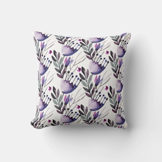 Coussin Motif de fleurs pourpre et gris d'aquarelle (Recto)