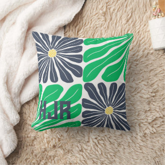 Coussin Motif de fleurs répétées Vert bleu Monogramme Nom