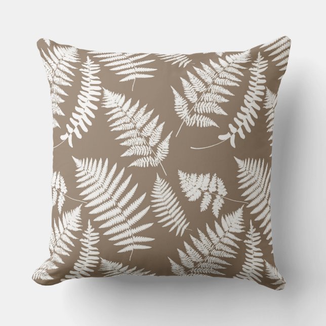 Coussin Motif de fougères de bois, Taupe Tan et Blanc (Recto)