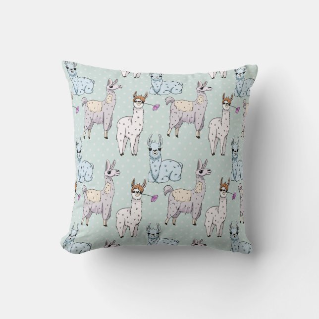 Coussin Motif de lama mignon sur pois (Recto)