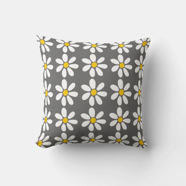 Coussin Motif de marguerite blanc gris jaune (Recto)