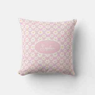 Coussin Motif de marguerite blanche rose Nom personnalisé
